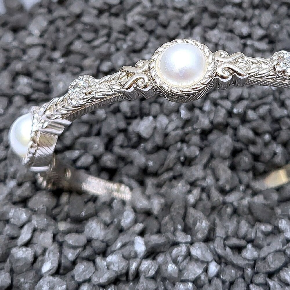 Judith Ripka Pearl & Diamonique Hinged Bangle Cuff .925